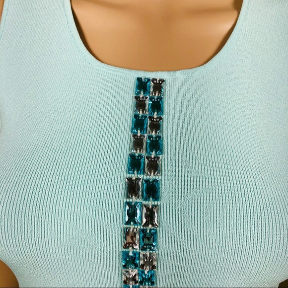 Light blue sleeveless knit top with aqua blue and clear crystals - Picture 5 of 11